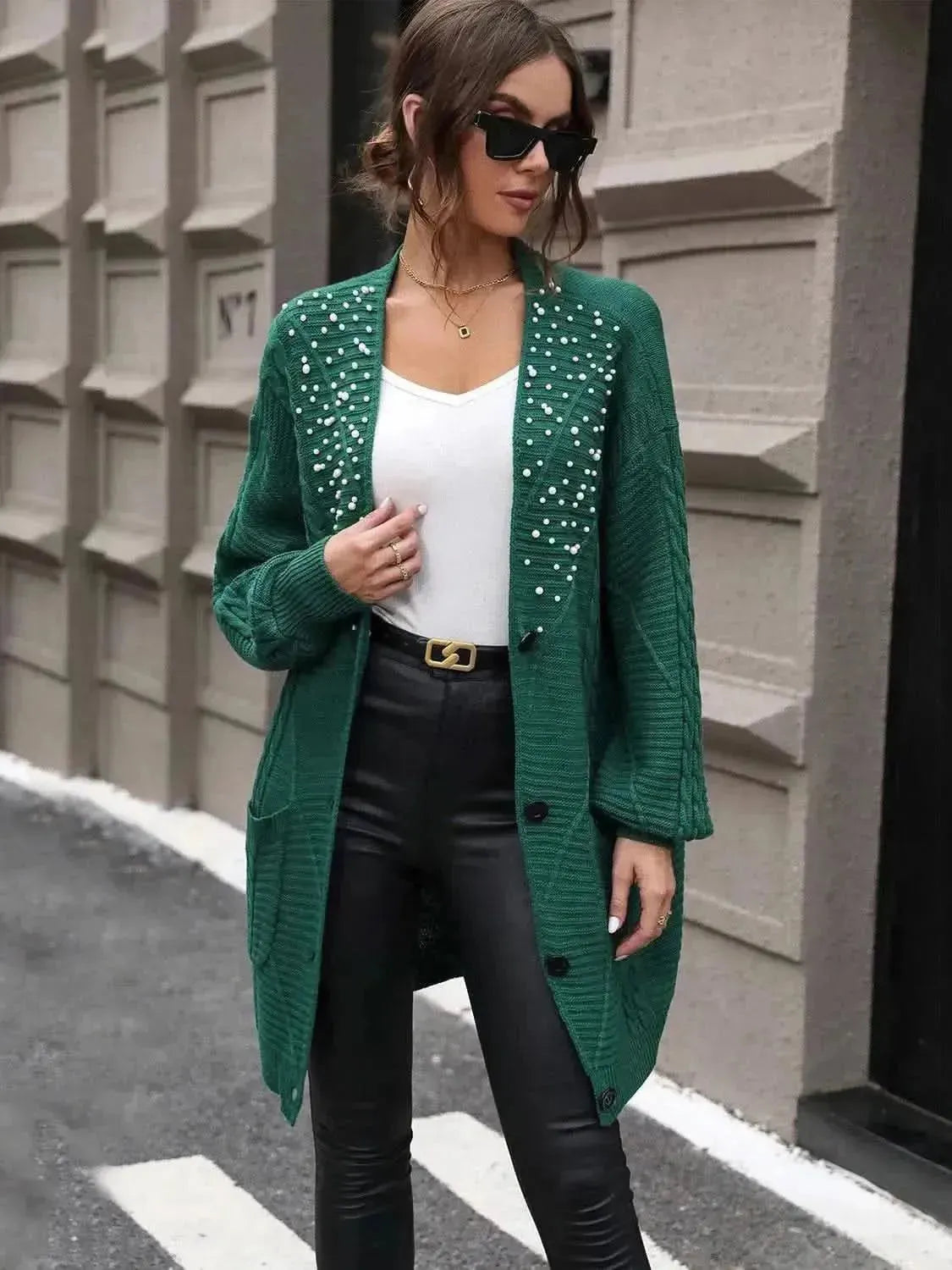 Pearl Detail Cable-Knit Button Up Cardigan - Bad Moms Club