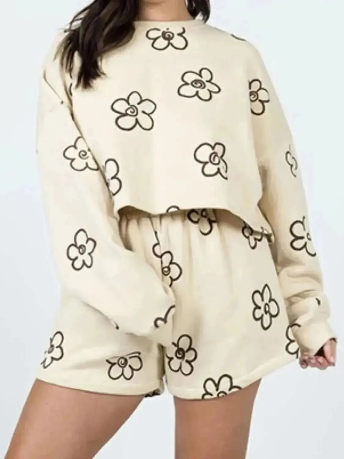 Floral Dropped Shoulder Sweatshirt and Shorts Set - Bad Moms Club