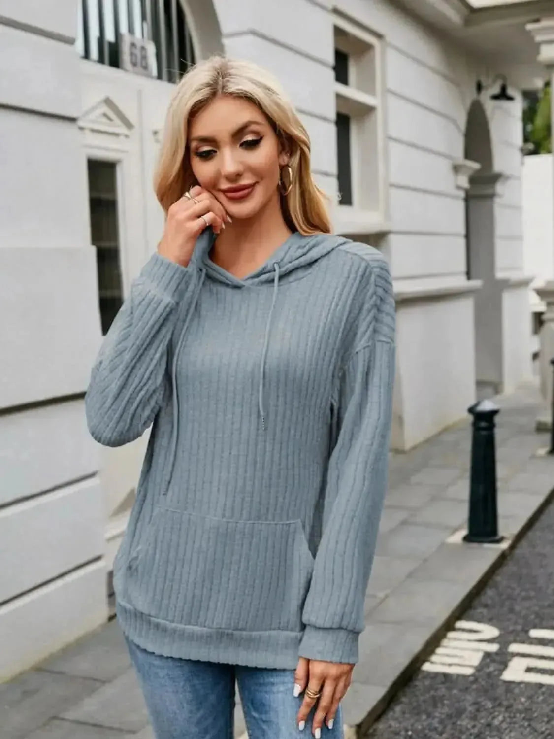 Ribbed Drawstring Long Sleeve Hoodie - Bad Moms Club