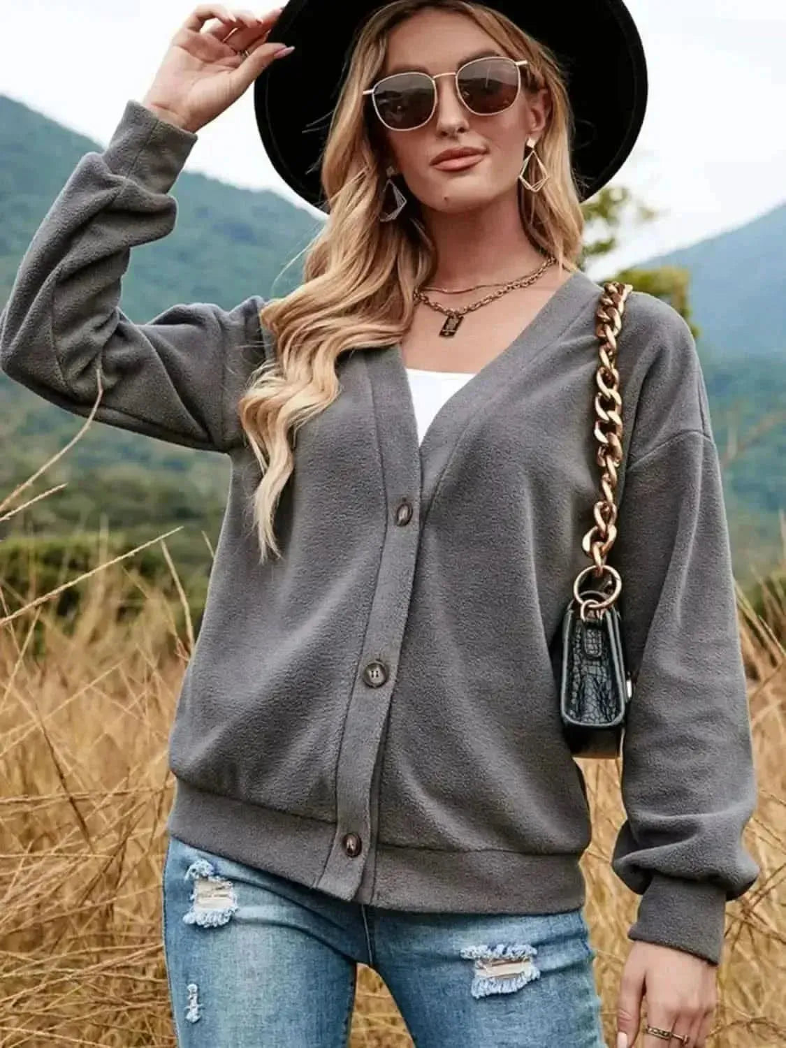 Shiny Button Down V-Neck Dropped Shoulder Jacket - Bad Moms Club