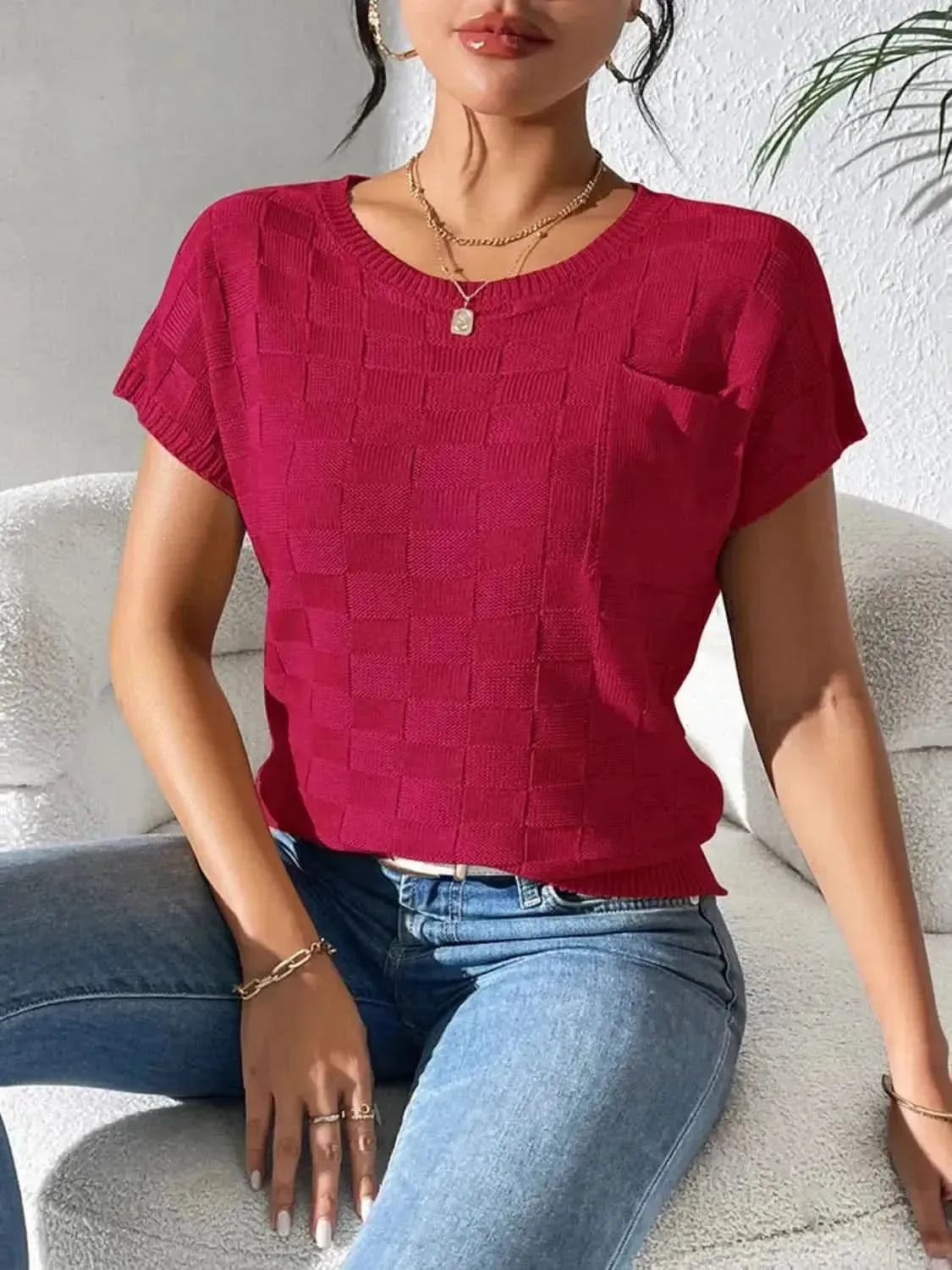 Round Neck Short Sleeve Knit Top - Bad Moms Club