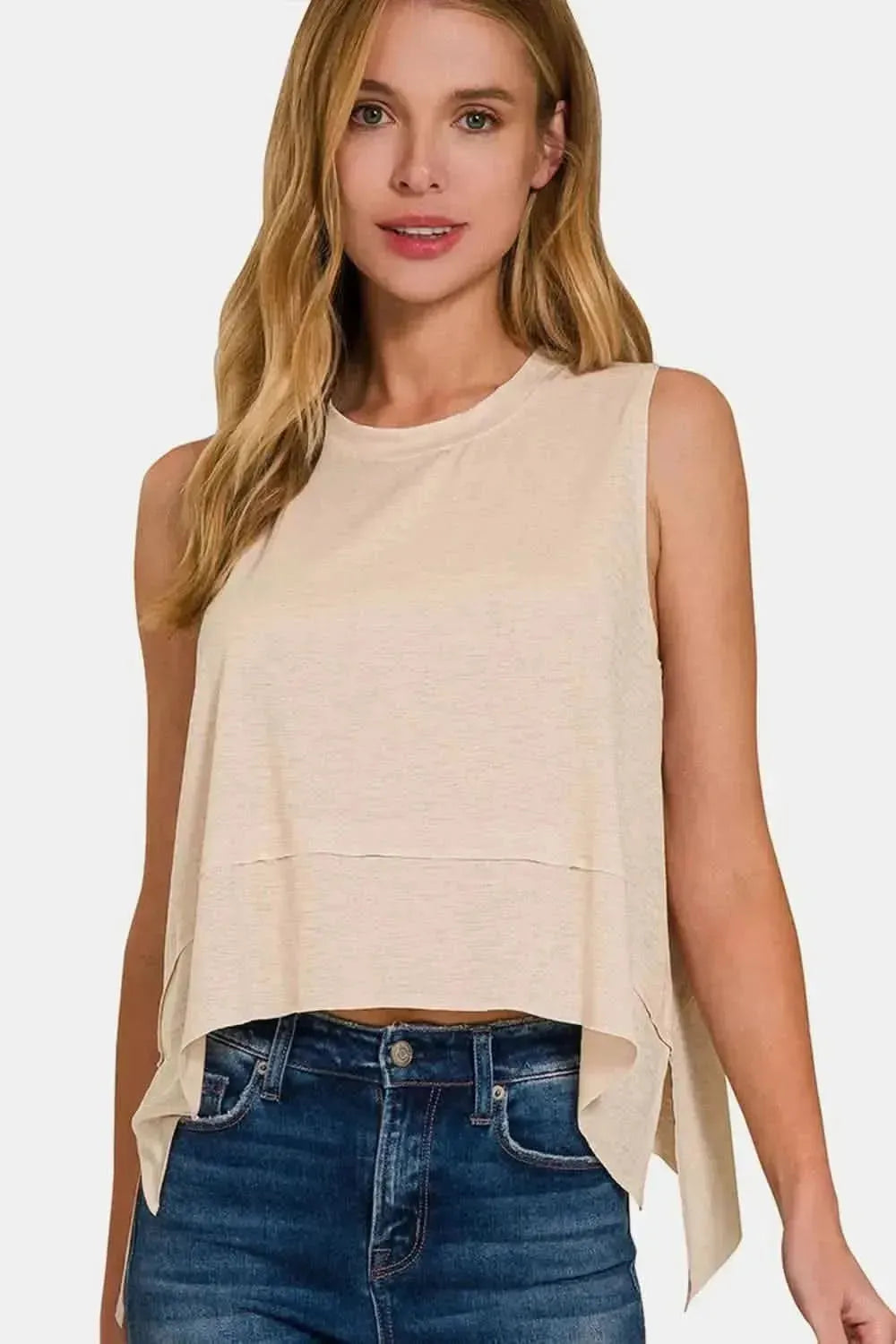 Zenana Exposed Seam Slit Round Neck Tank - Bad Moms Club