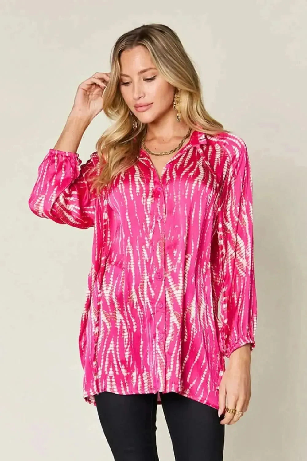 Double Take Full Size Printed Button Up Long Sleeve Shirt - Bad Moms Club