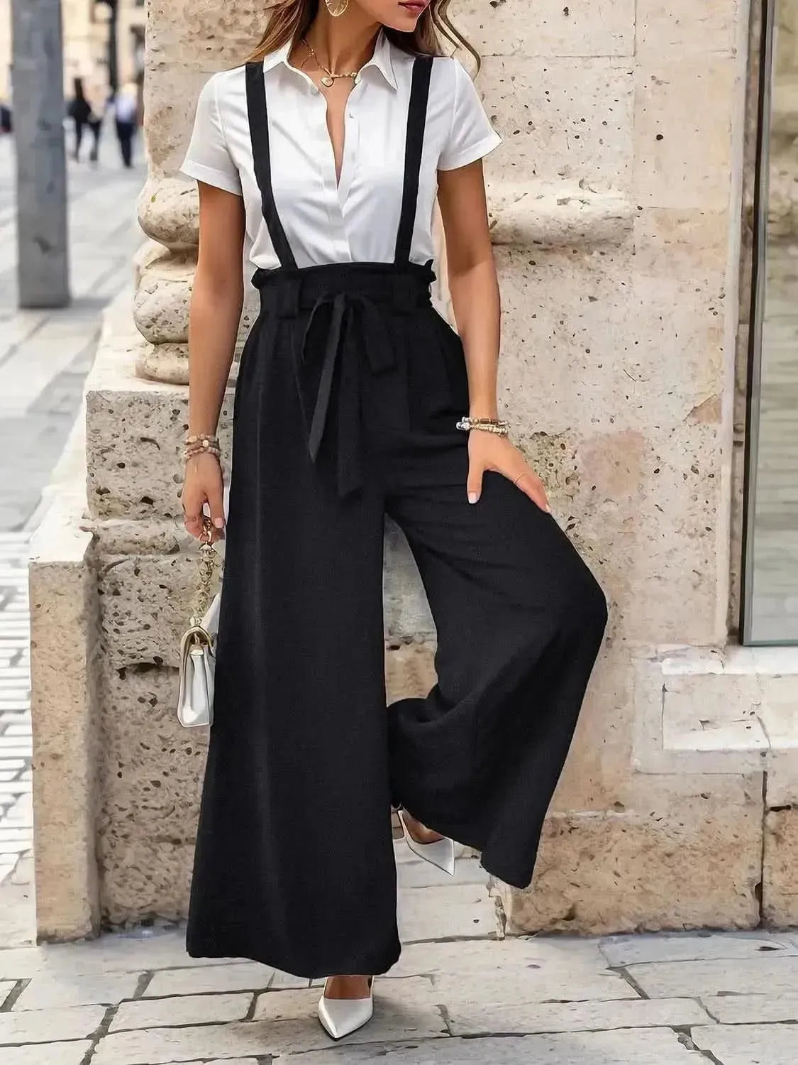 Perfee Tied Wide Leg Pants with Shoulder Straps - Bad Moms Club