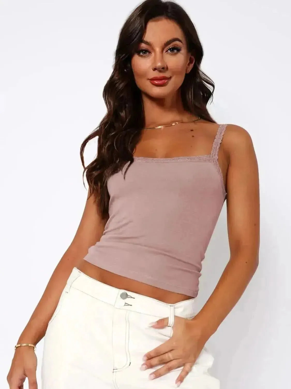 Lace Trim Straight Neck Cami - Bad Moms Club