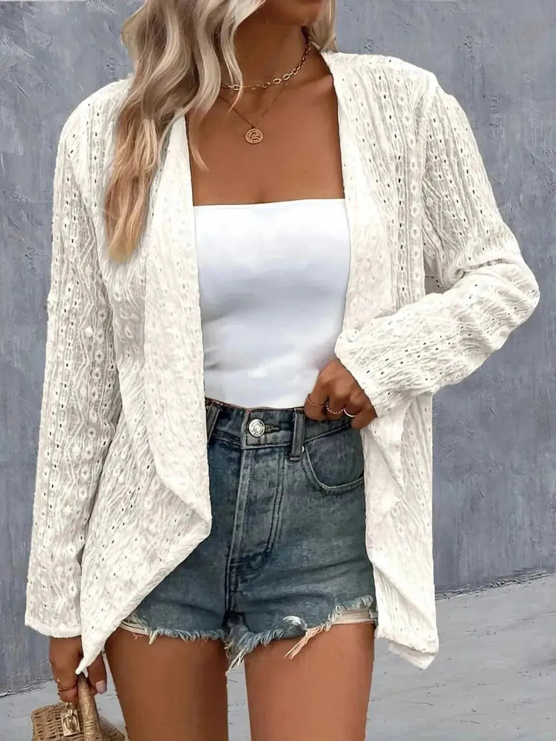Eyelet Roll-Tab Sleeve Cardigan - Bad Moms Club