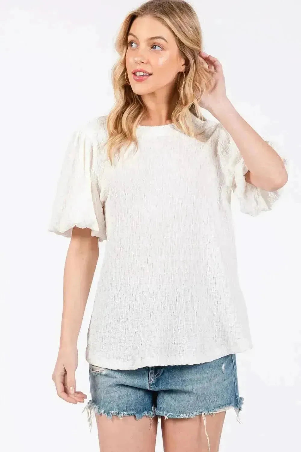 Ces Femme Textured Puff Sleeve Top - Bad Moms Club