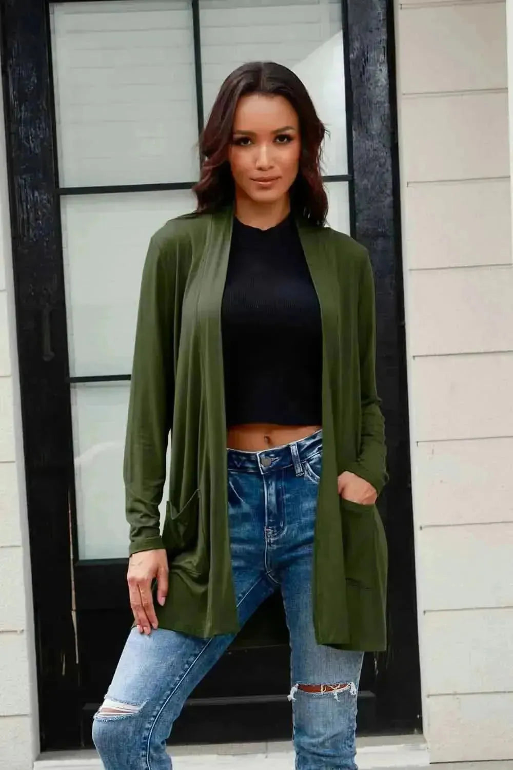 Basic Bae Full Size Open Front Long Sleeve Cardigan with Pockets - Bad Moms Club