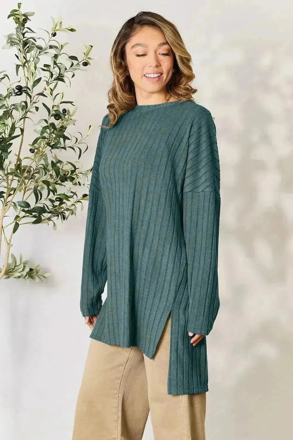 Basic Bae Full Size Ribbed Round Neck Long Sleeve Slit Top - Bad Moms Club