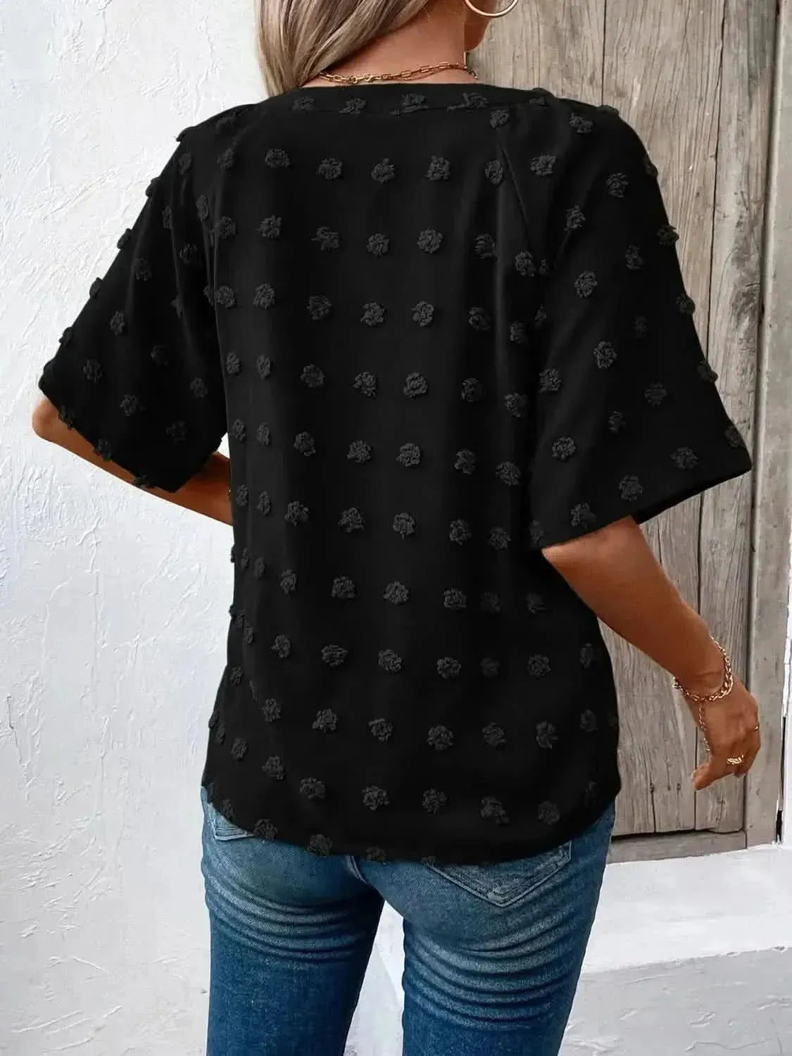 Ivy Lane Swiss Dot Notched Half Sleeve Blouse - Bad Moms Club