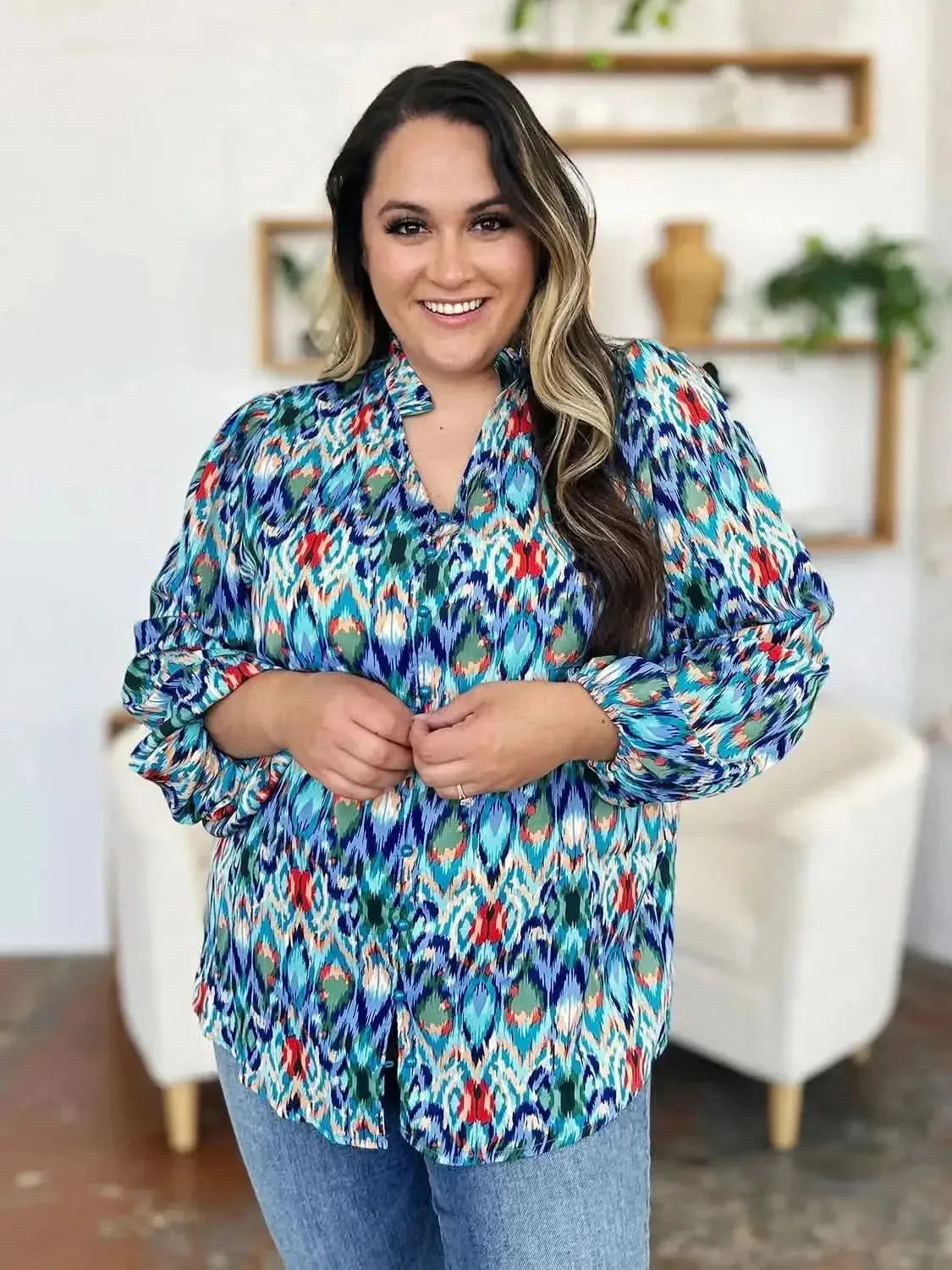 Double Take Full Size Printed Balloon Sleeve Blouse - Bad Moms Club
