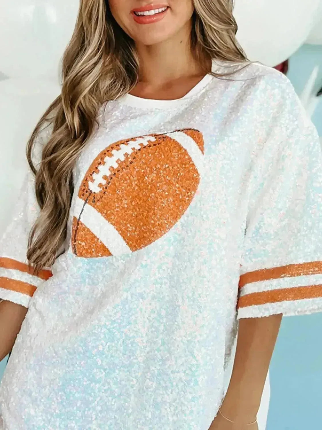 Sequin Football Round Neck Half Sleeve Oversize Top - Bad Moms Club