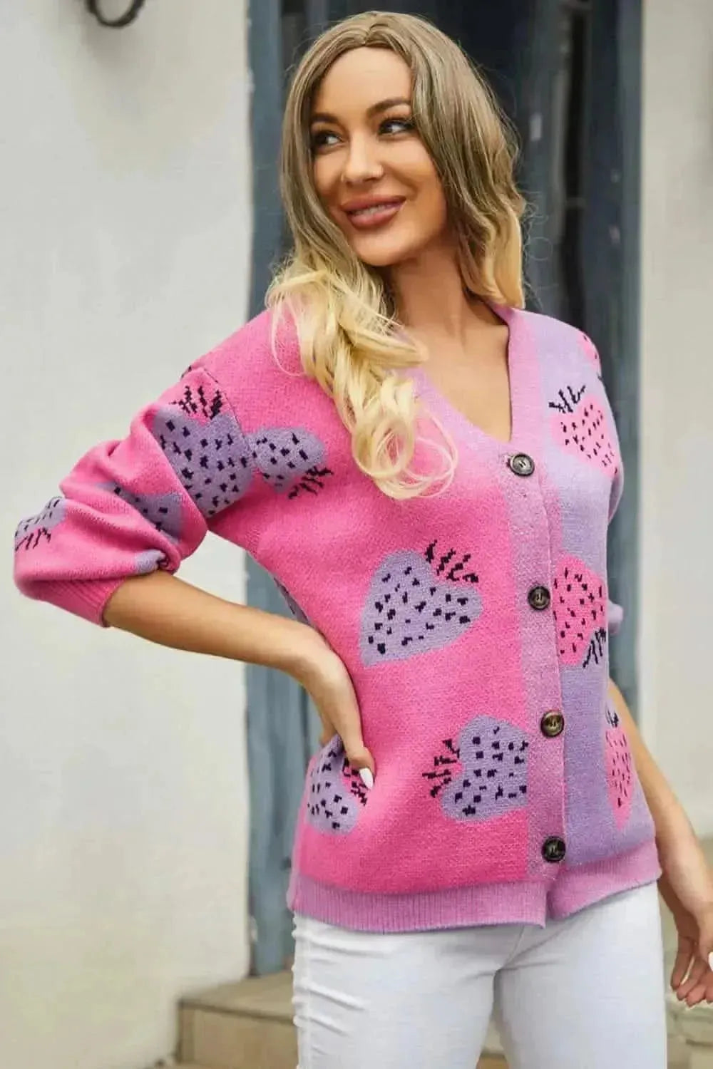 Printed V-Neck Button-Down Long Sleeve Cardigan - Bad Moms Club