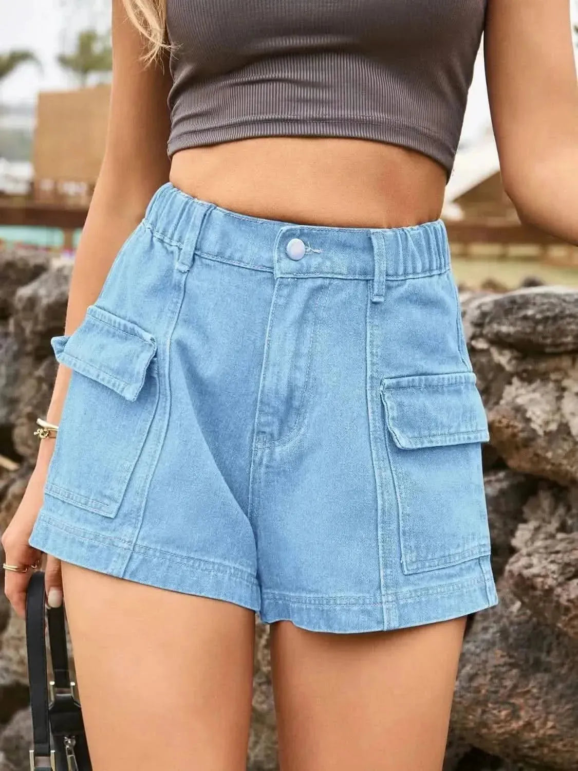 High Waist Denim Shorts with Pockets - Bad Moms Club
