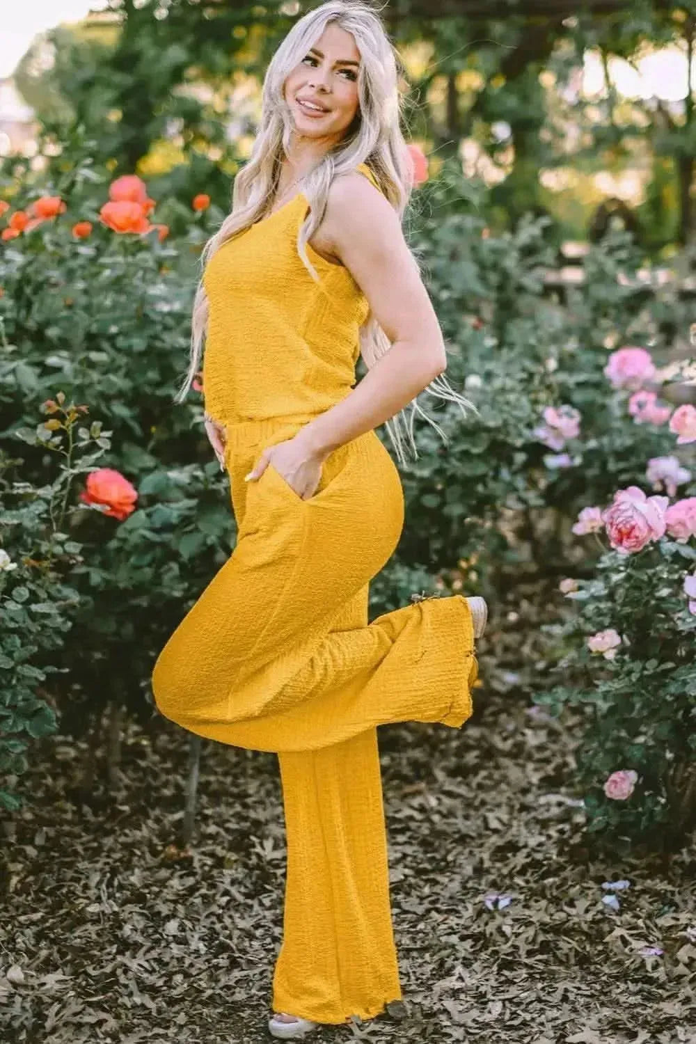 Textured Round Neck Top and Wide Leg Pants Set - Bad Moms Club