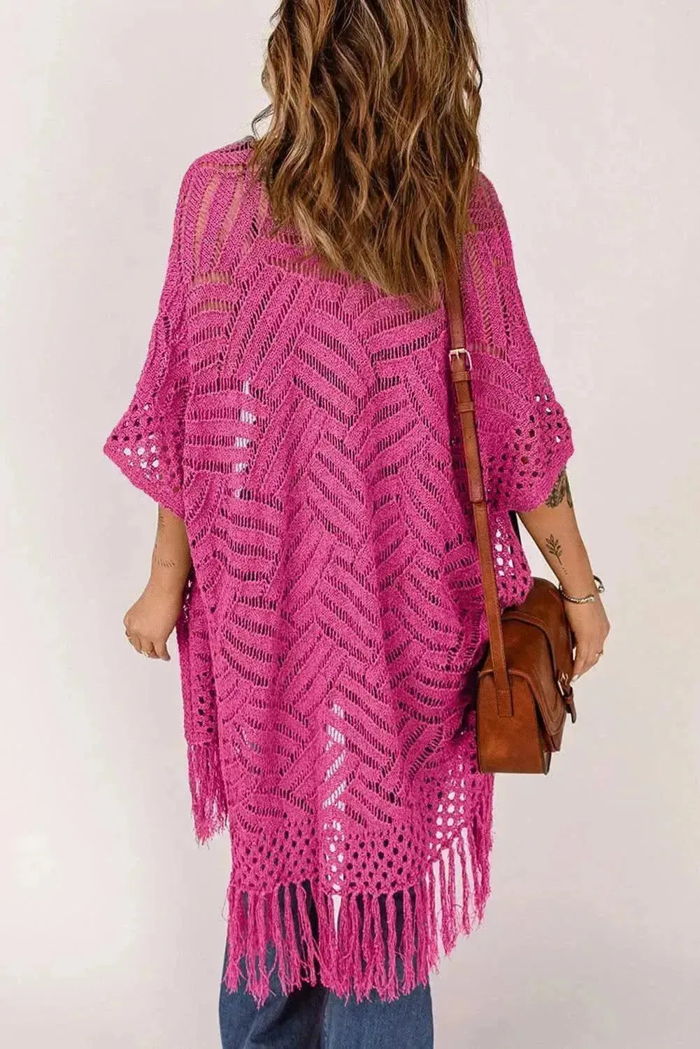 Openwork Open Front Cardigan with Fringes - Bad Moms Club