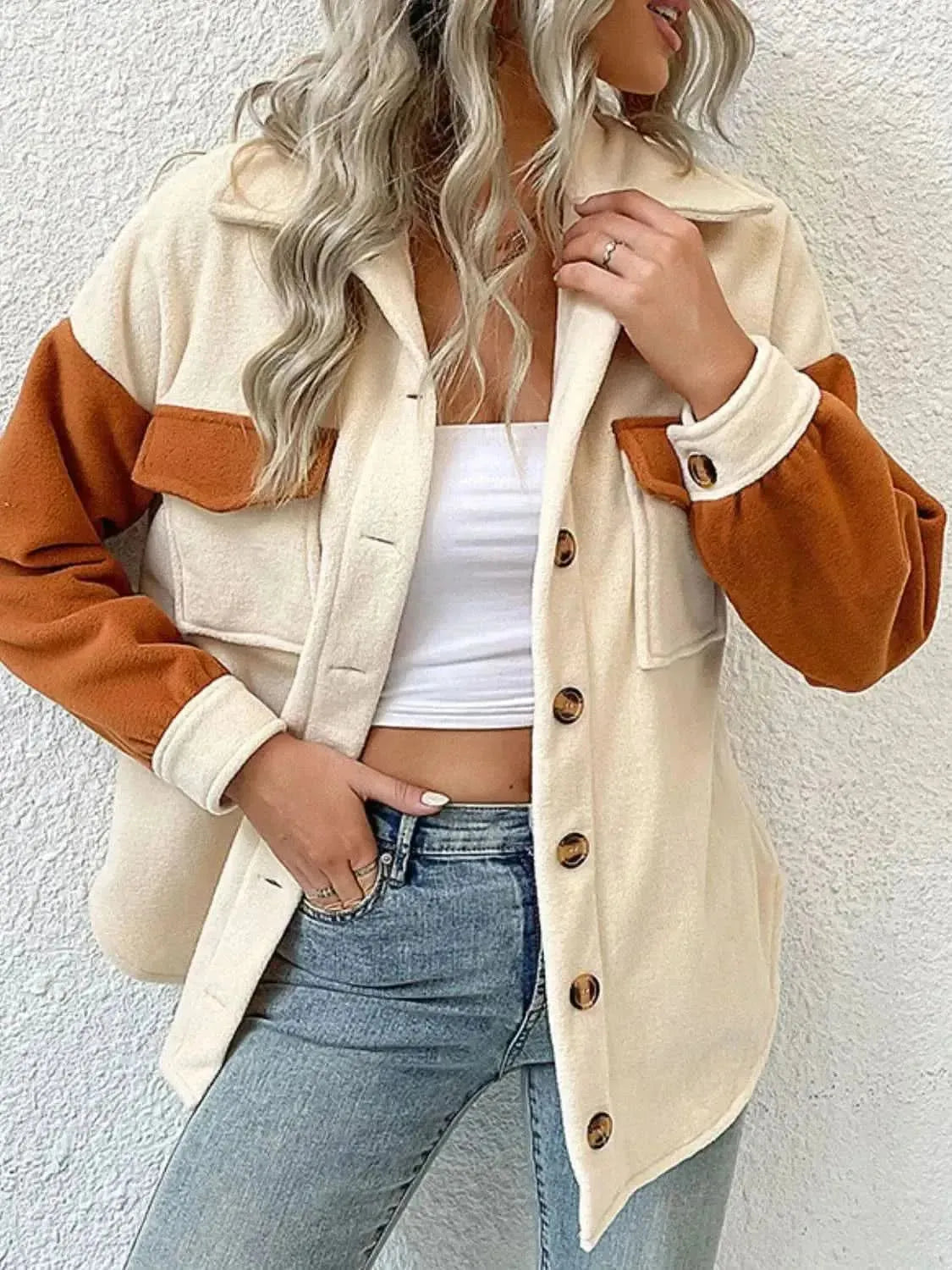 Contrast Button-Up Fleece Jacket - Bad Moms Club