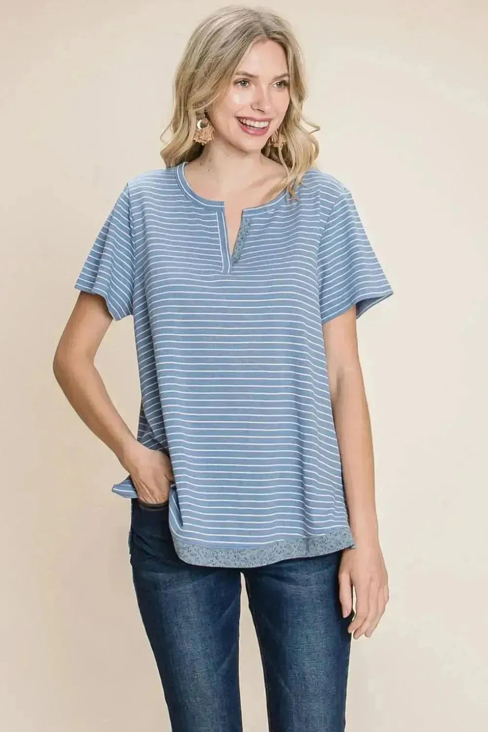 Cotton Bleu by Nu Lab Slit Striped Notched Short Sleeve T-Shirt - Bad Moms Club