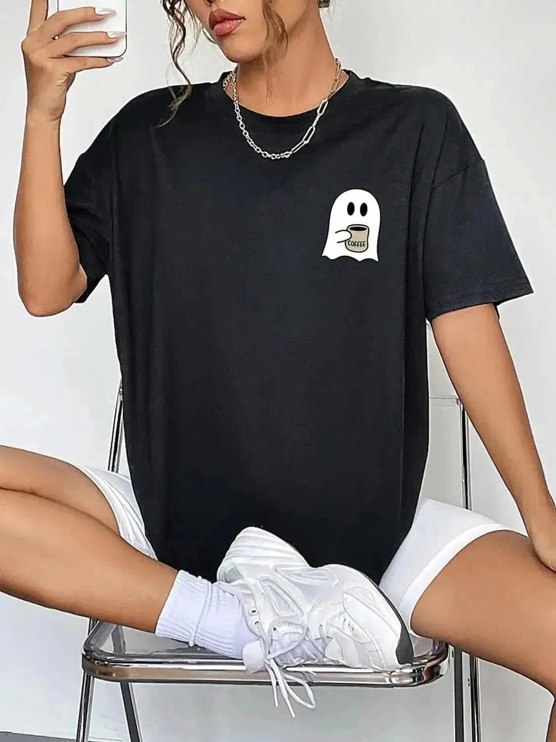 Round Neck Short Sleeve Ghost Graphic T-Shirt - Bad Moms Club
