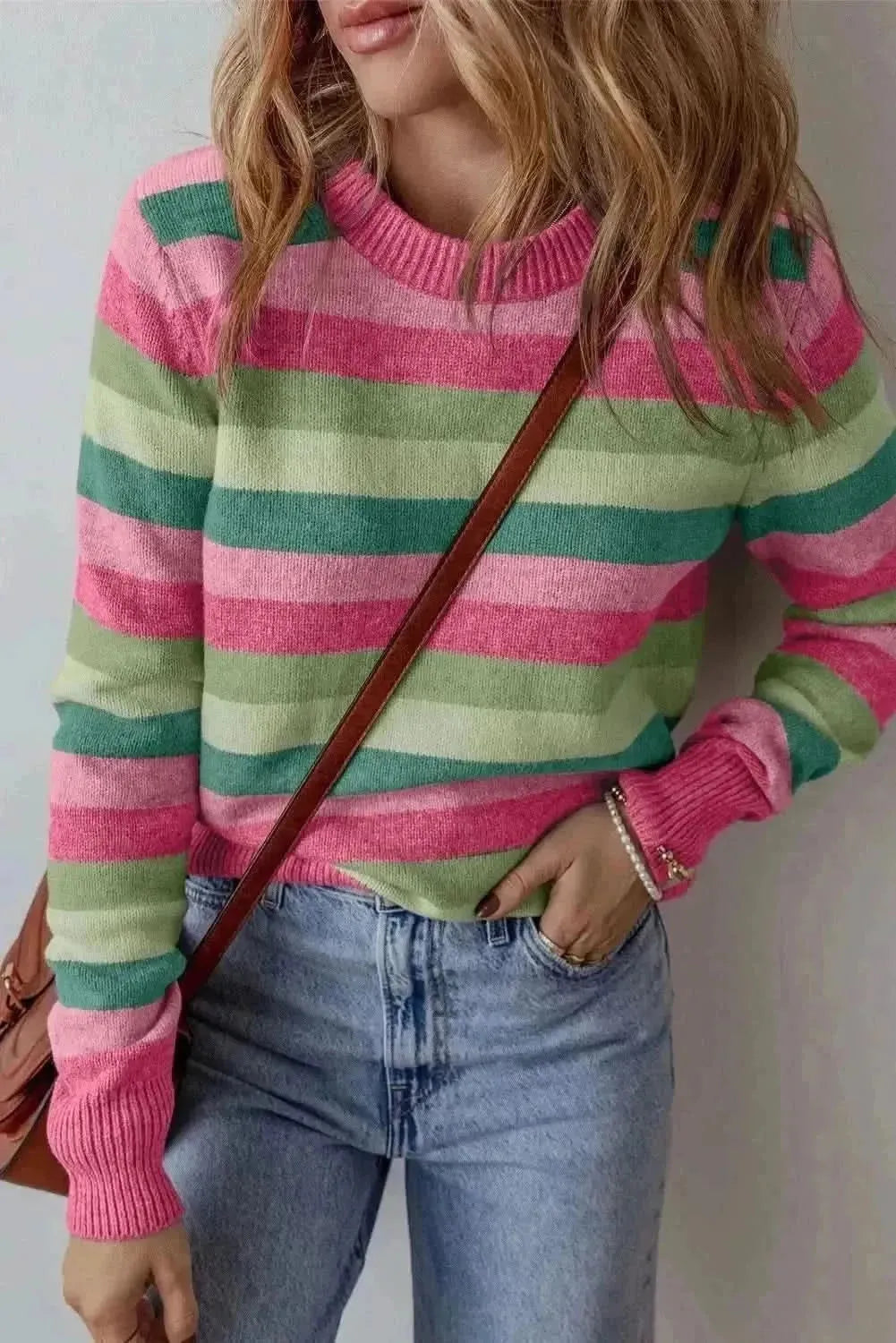 Striped Round Neck Long Sleeve Sweater - Bad Moms Club