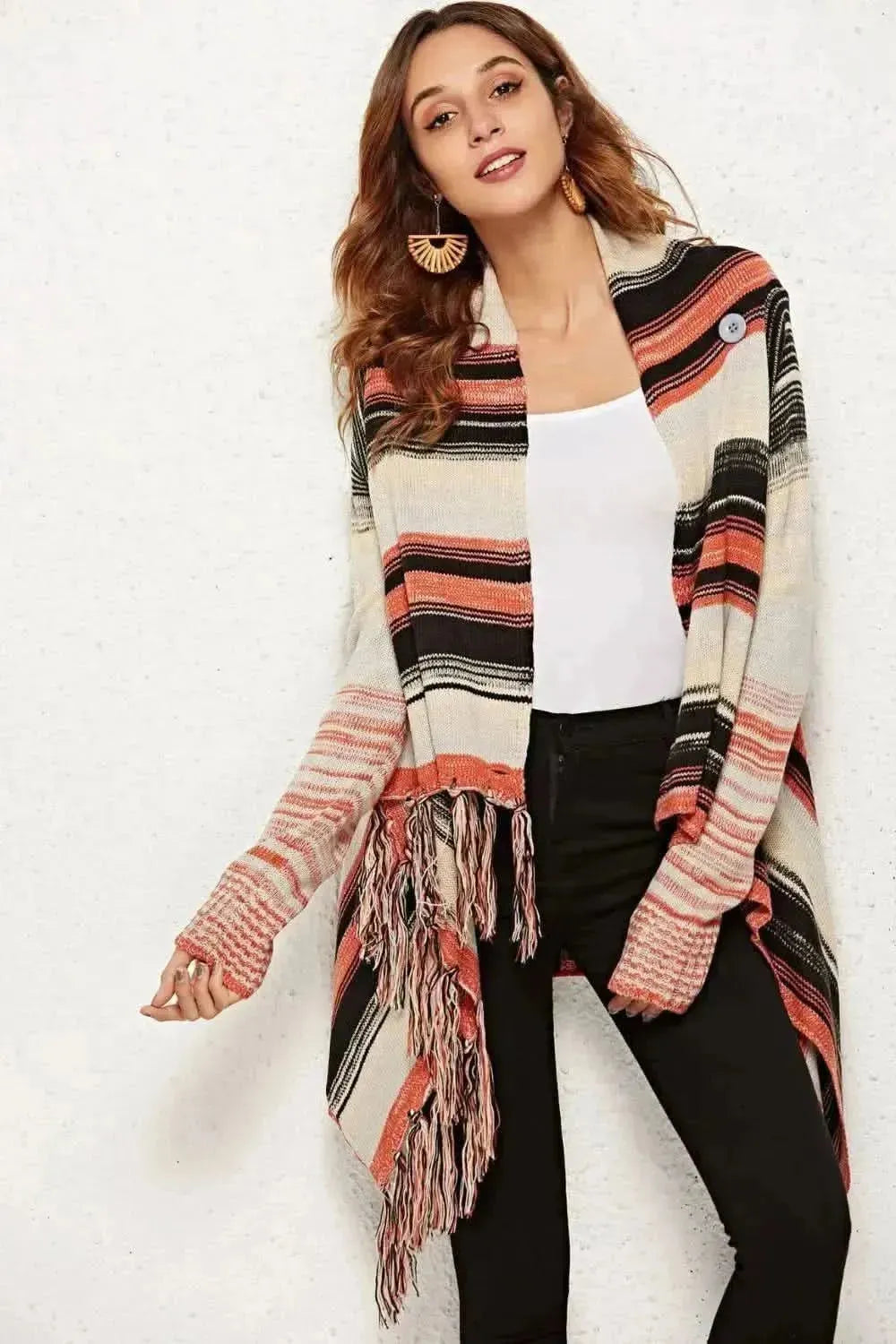 Striped Tassel Detail One-Button Cardigan - Bad Moms Club
