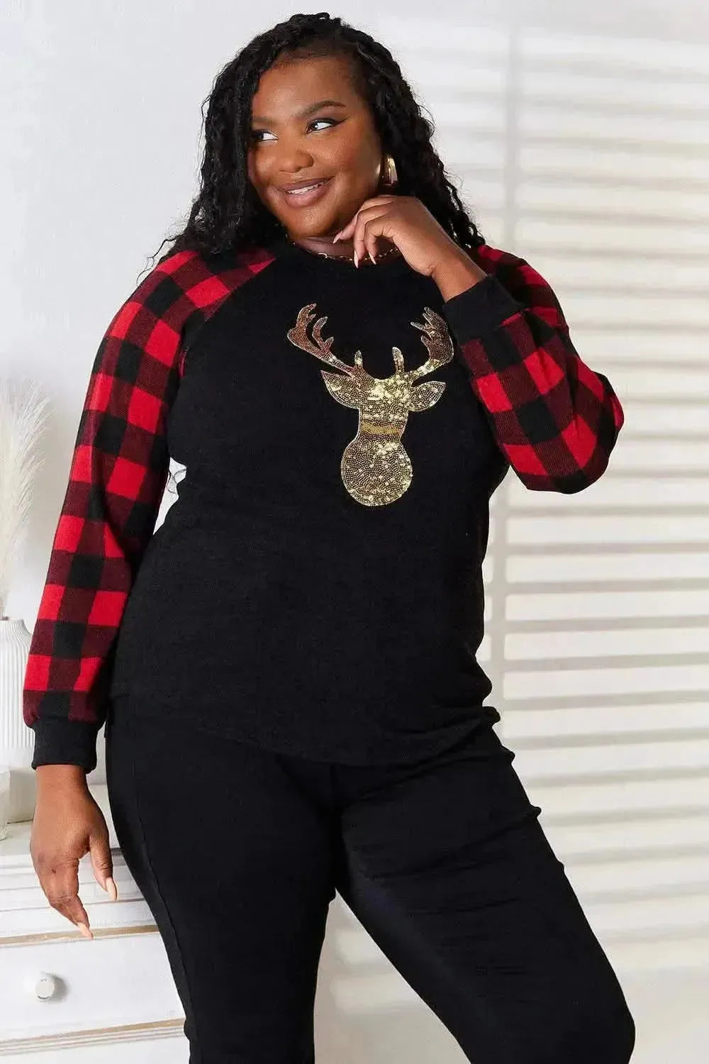 Heimish Full Size Sequin Reindeer Graphic Plaid Top - Bad Moms Club