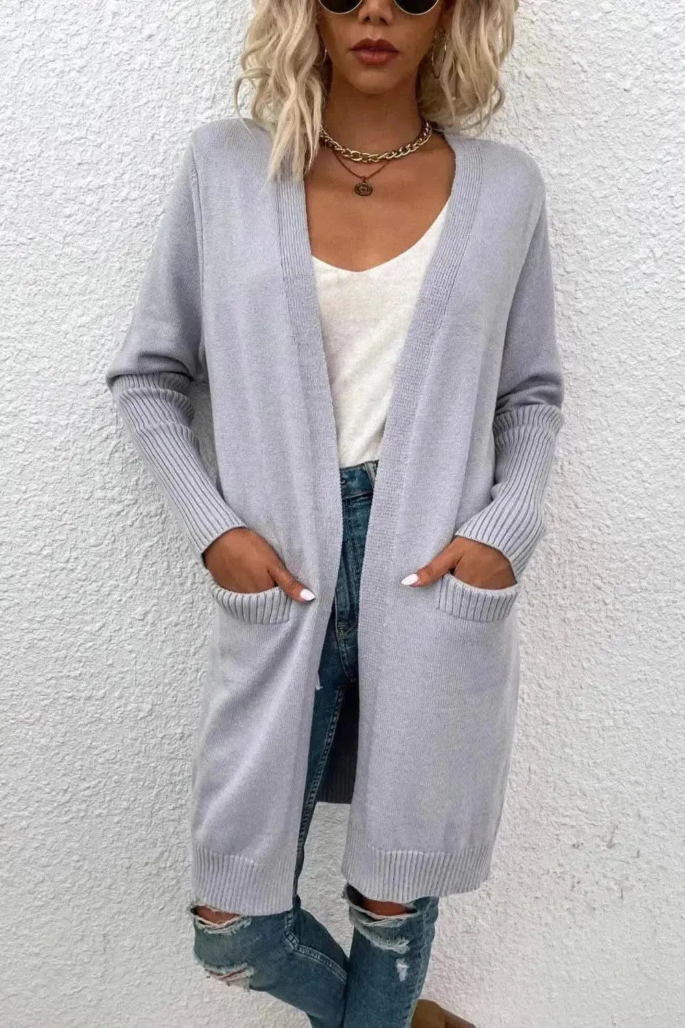 Open Front Long Sleeve Cardigan with Pockets - Bad Moms Club