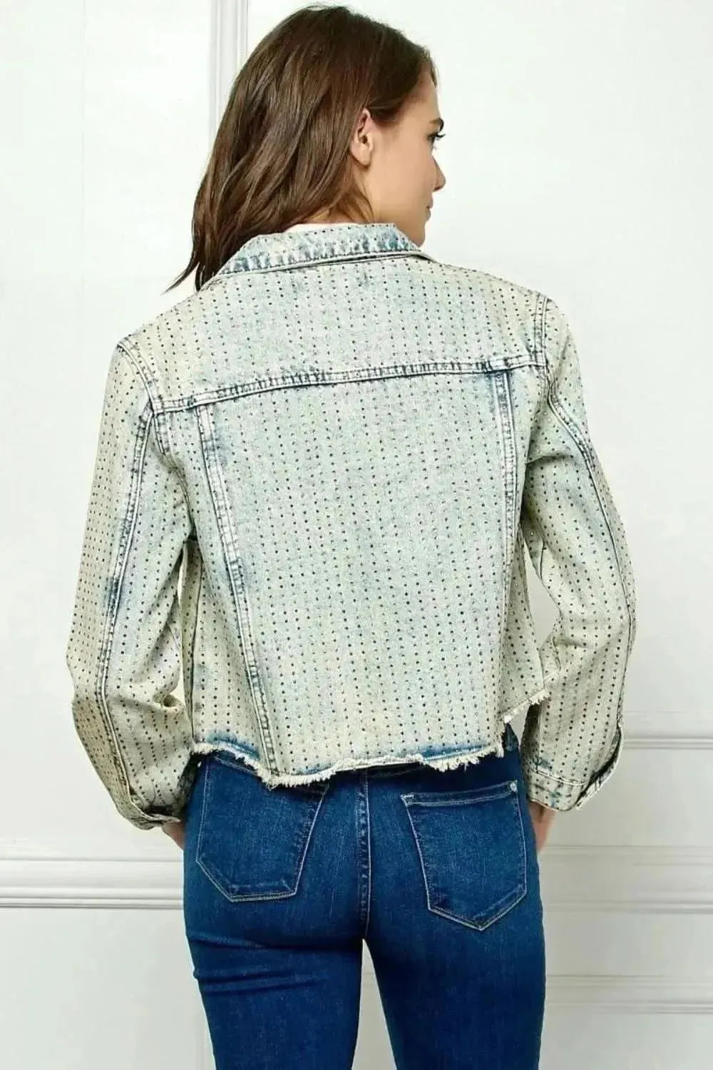 Veveret Multi Color Stripe Rhinestone Raw Hem Denim Jacket - Bad Moms Club