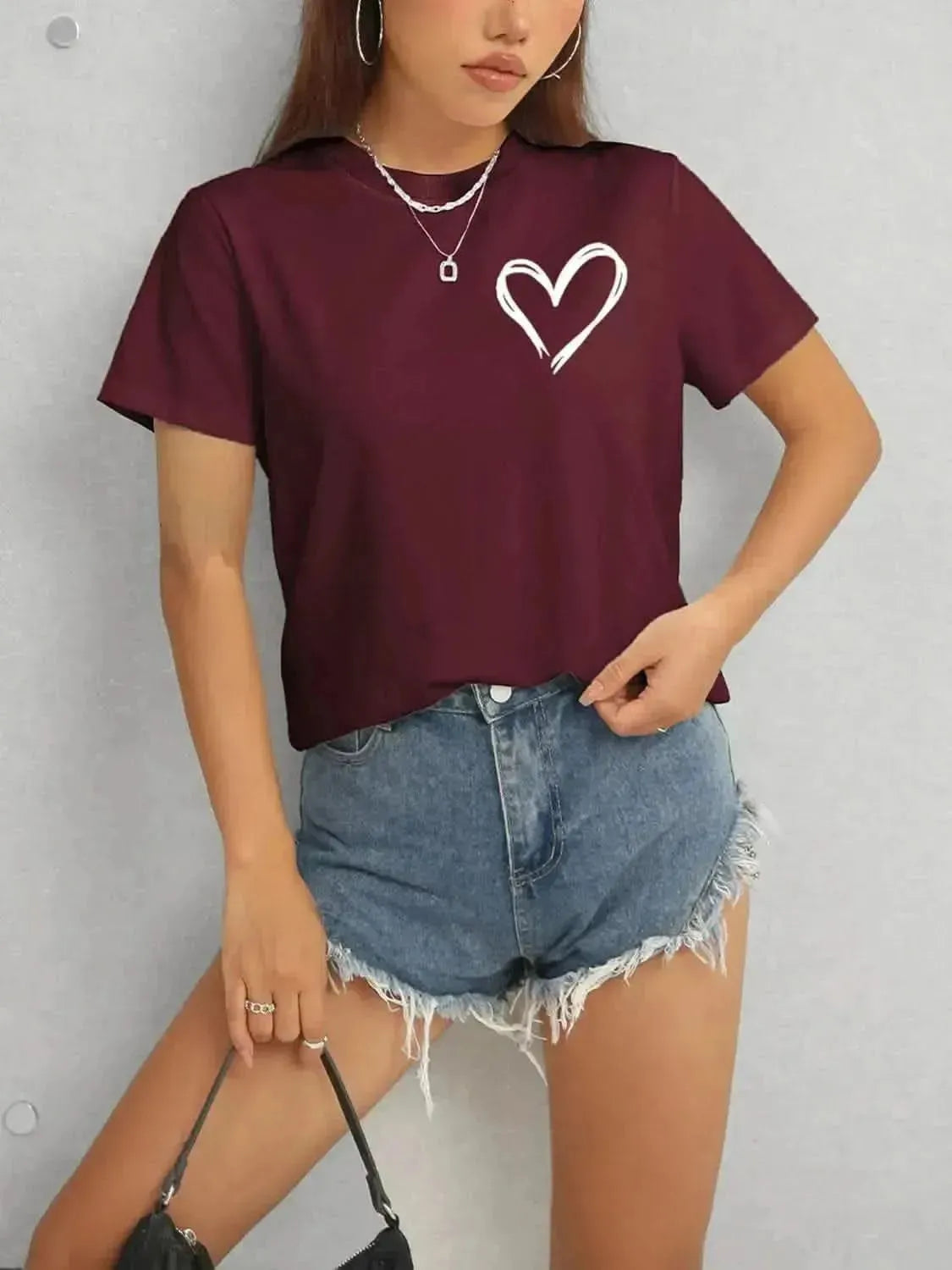 Heart Round Neck Short Sleeve T-Shirt - Bad Moms Club