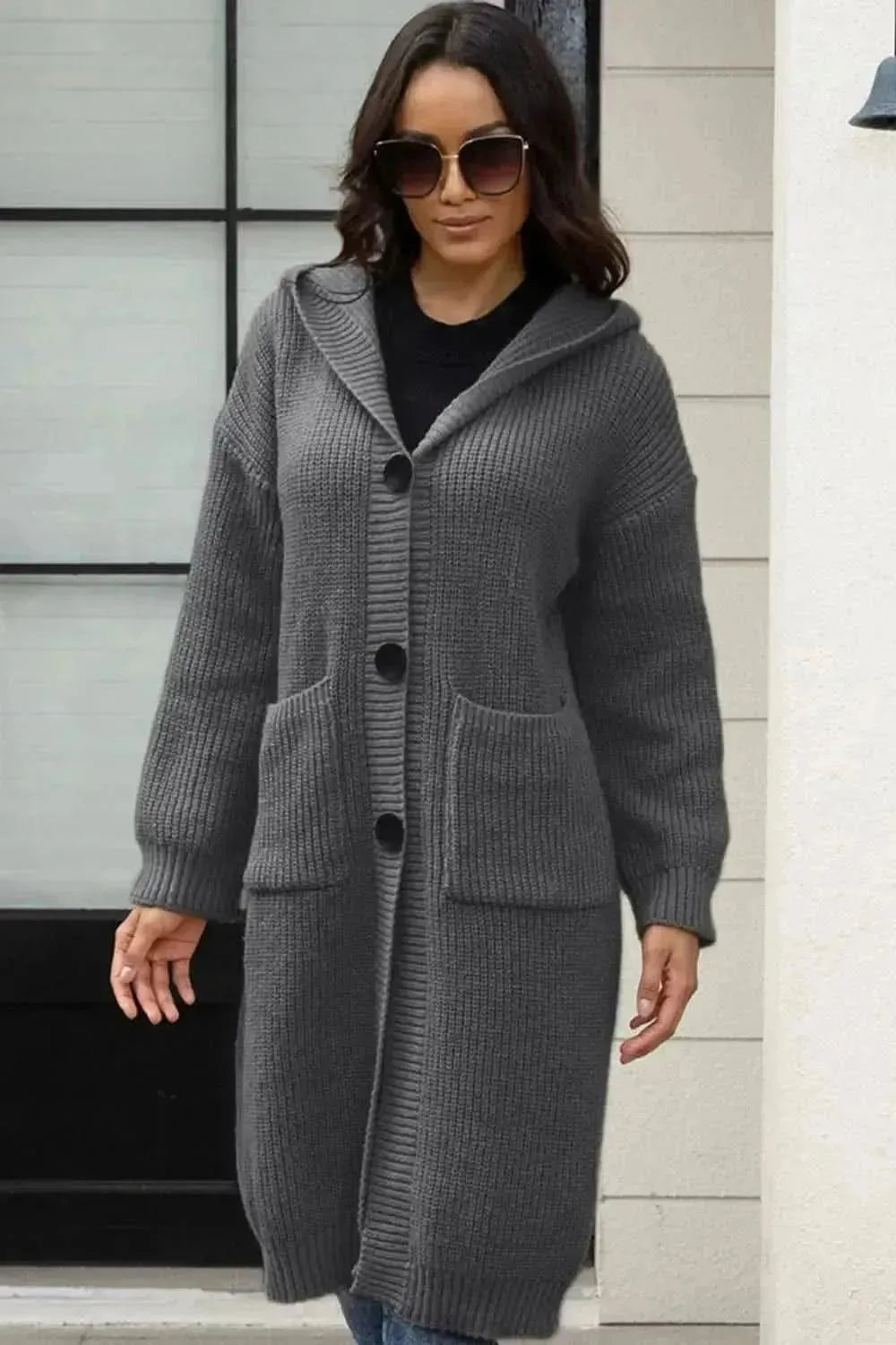 Button Up Long Sleeve Hooded Cardigan with Pockets - Bad Moms Club