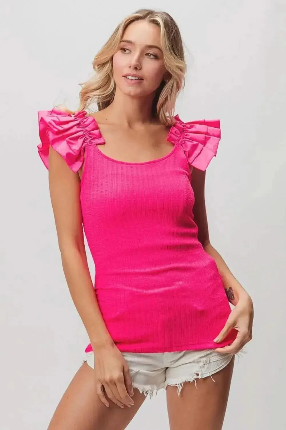 BiBi Ruffled Shoulder Strap Rib Texture Top - Bad Moms Club