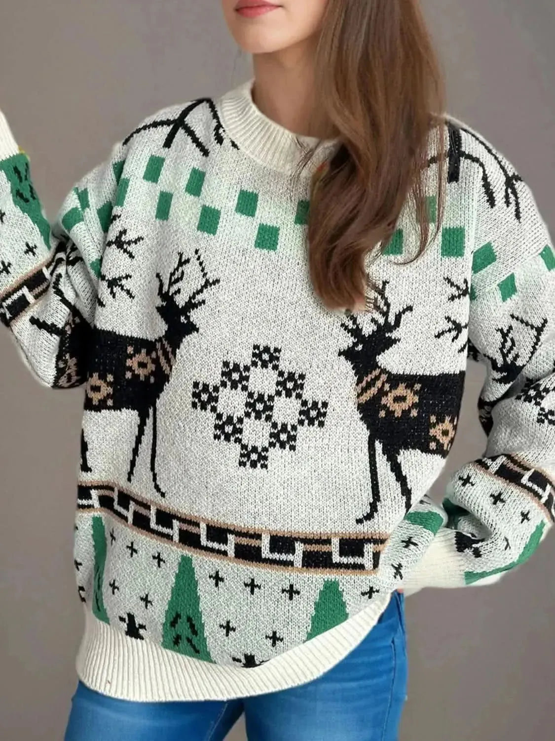 Christmas Element Round Neck Long Sleeve Sweater - Bad Moms Club