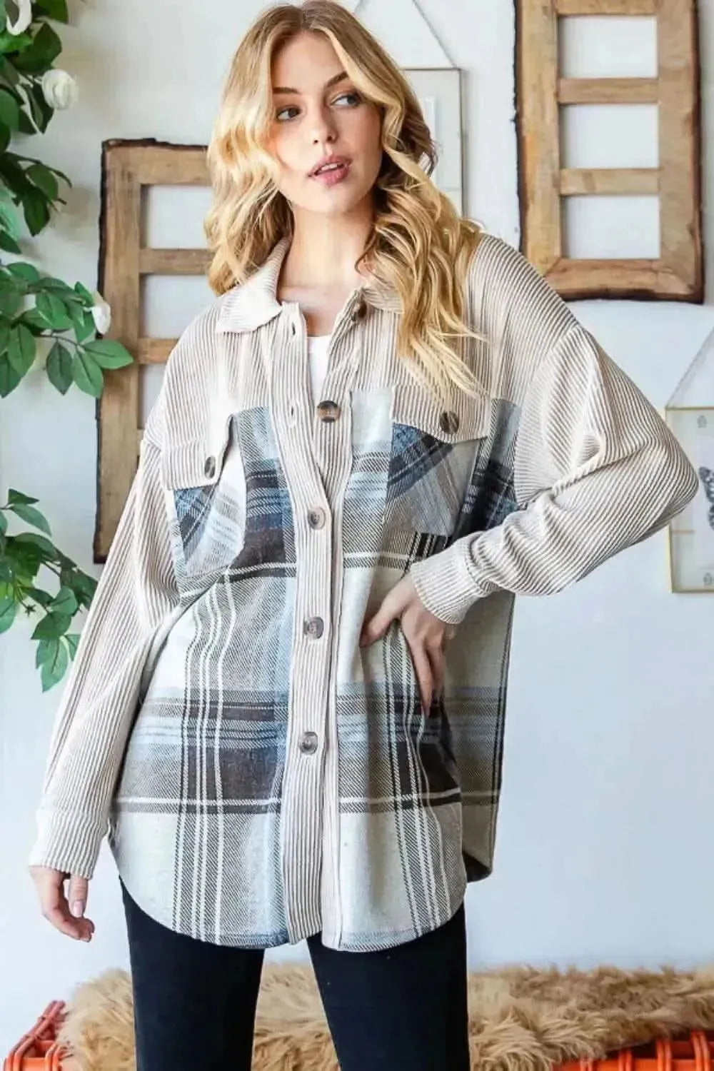 Reborn J Plaid Button Up Long Sleeve Shacket - Bad Moms Club