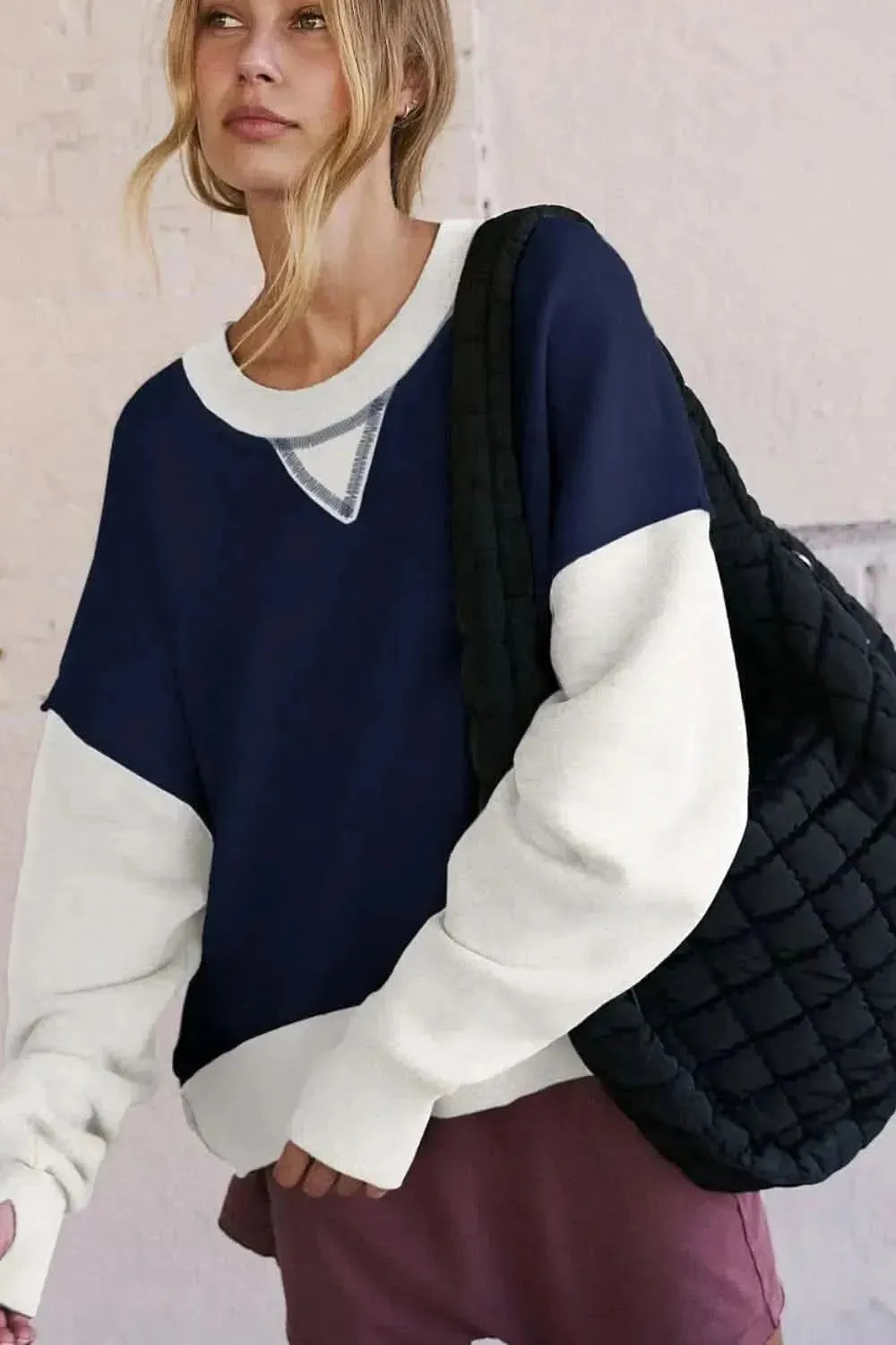 Color Block Round Neck Long Sleeve Sweatshirt - Bad Moms Club