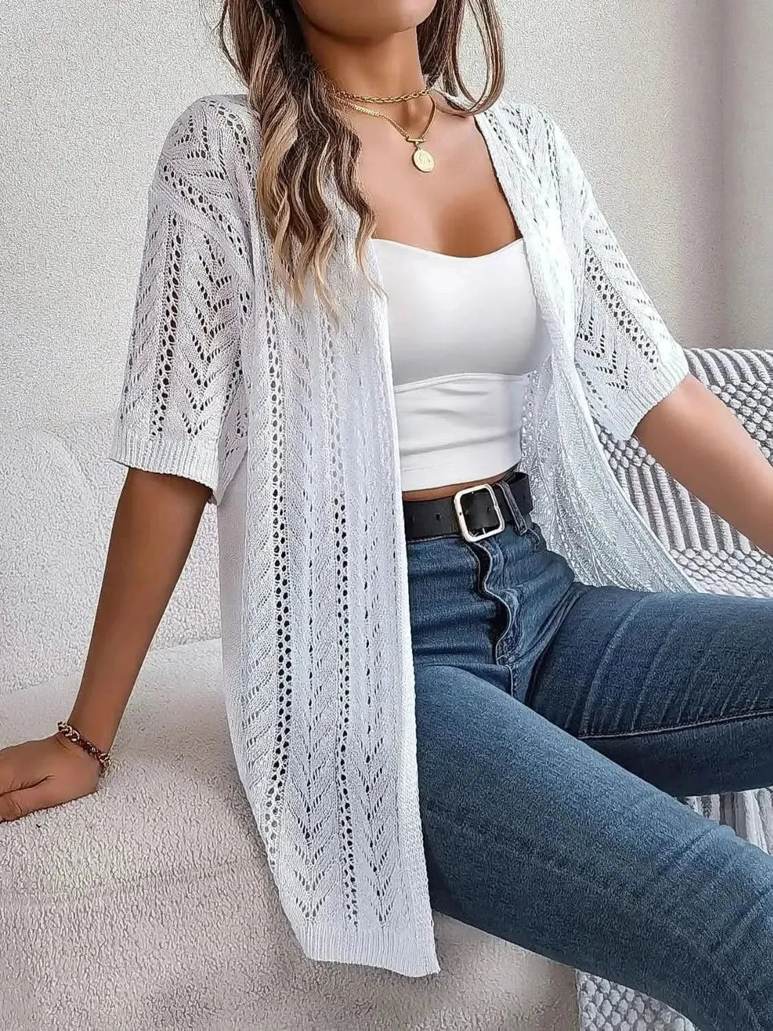 Openwork Open Front Half Sleeve Cardigan - Bad Moms Club