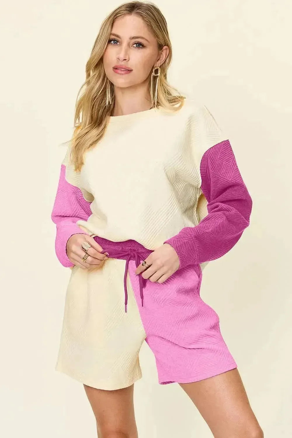 Double Take Full Size Contrast Drop Shoulder Top and Shorts Set - Bad Moms Club