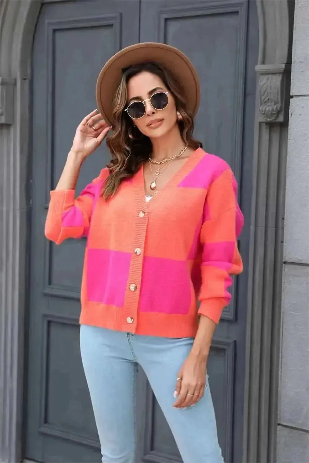 Plaid V-Neck Dropped Shoulder Cardigan - Bad Moms Club