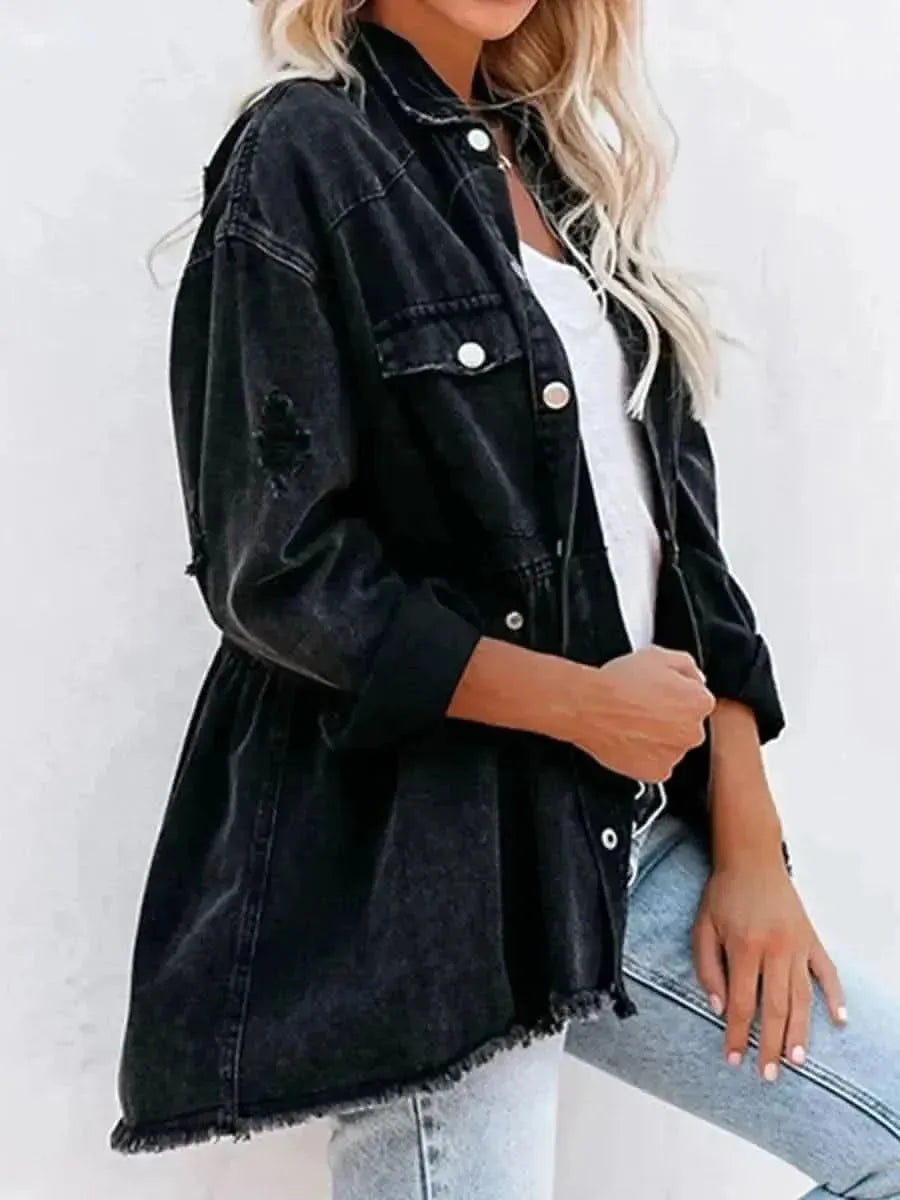 Raw Hem Distressed Denim Shacket - Bad Moms Club