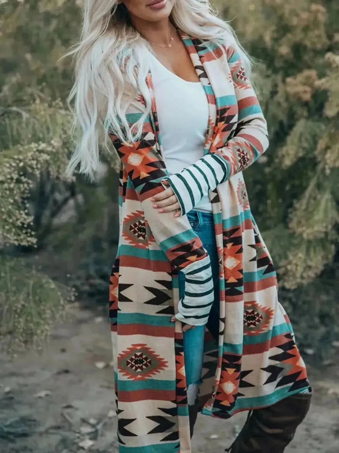 Geometric Open Front Long Sleeve Cardigan - Bad Moms Club