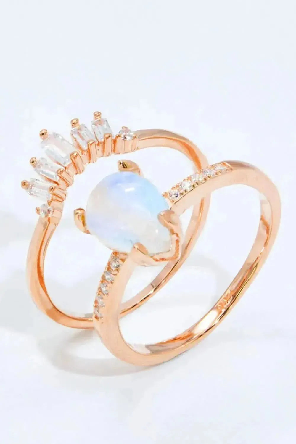 Natural Moonstone and Zircon 18K Rose Gold-Plated Two-Piece Ring Set - Bad Moms Club