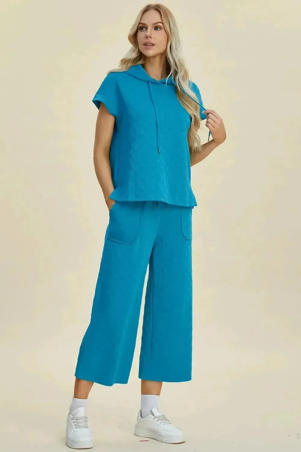 Double Take Full Size Texture Drawstring Short Sleeve Hoodie and Pocketed Pants Set - Bad Moms Club