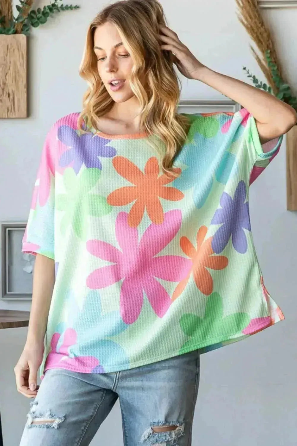 HOPELY Floral Round Neck Waffle T-Shirt - Bad Moms Club