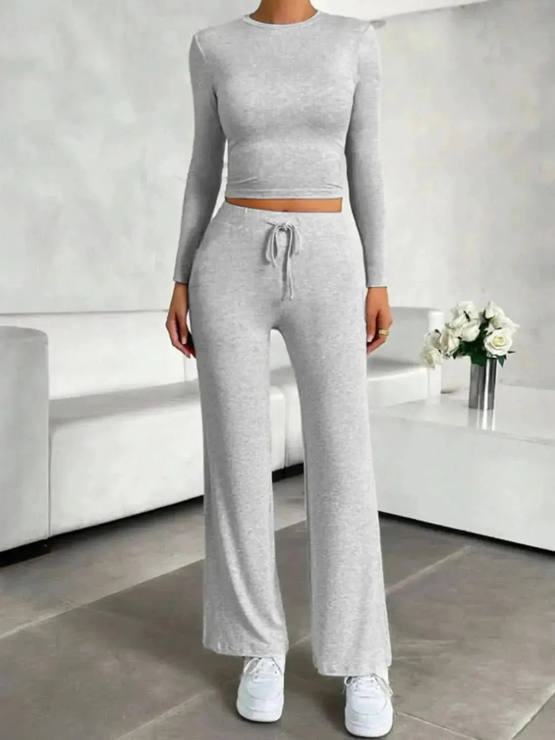 Round Neck Long Sleeve Top and Drawstring Pants Set - Bad Moms Club