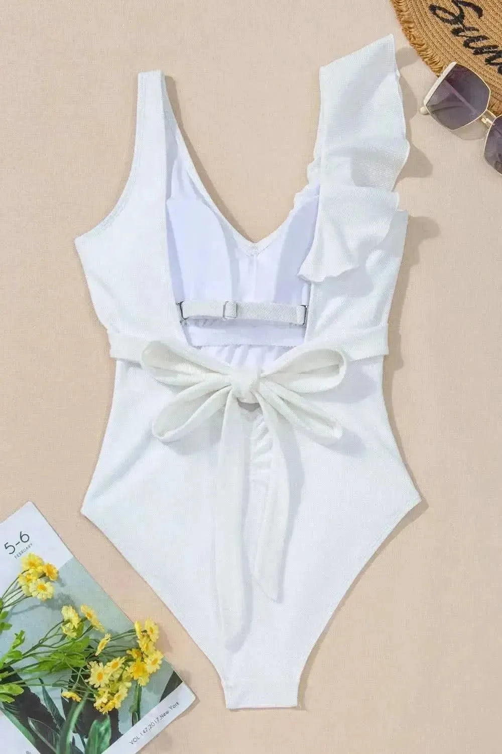 Ruffled V-Neck Wide Strap One-Piece Swimwear - Bad Moms Club