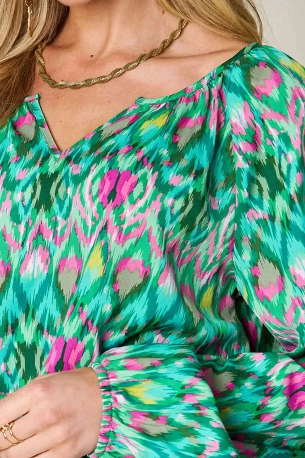 Double Take Full Size Printed Balloon Sleeve Blouse - Bad Moms Club