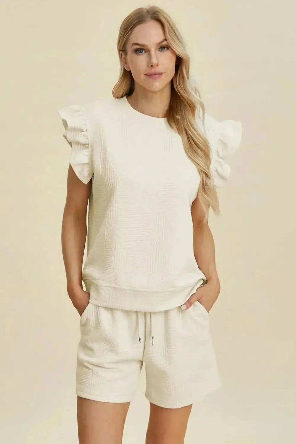 Double Take Full Size Texture Round Neck Ruffle Sleeve Top and Shorts Set - Bad Moms Club