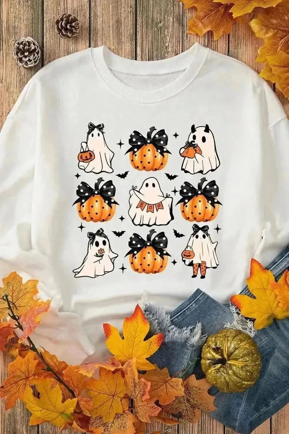Pumpkin & Ghost Round Neck Long Sleeve Sweatshirt - Bad Moms Club