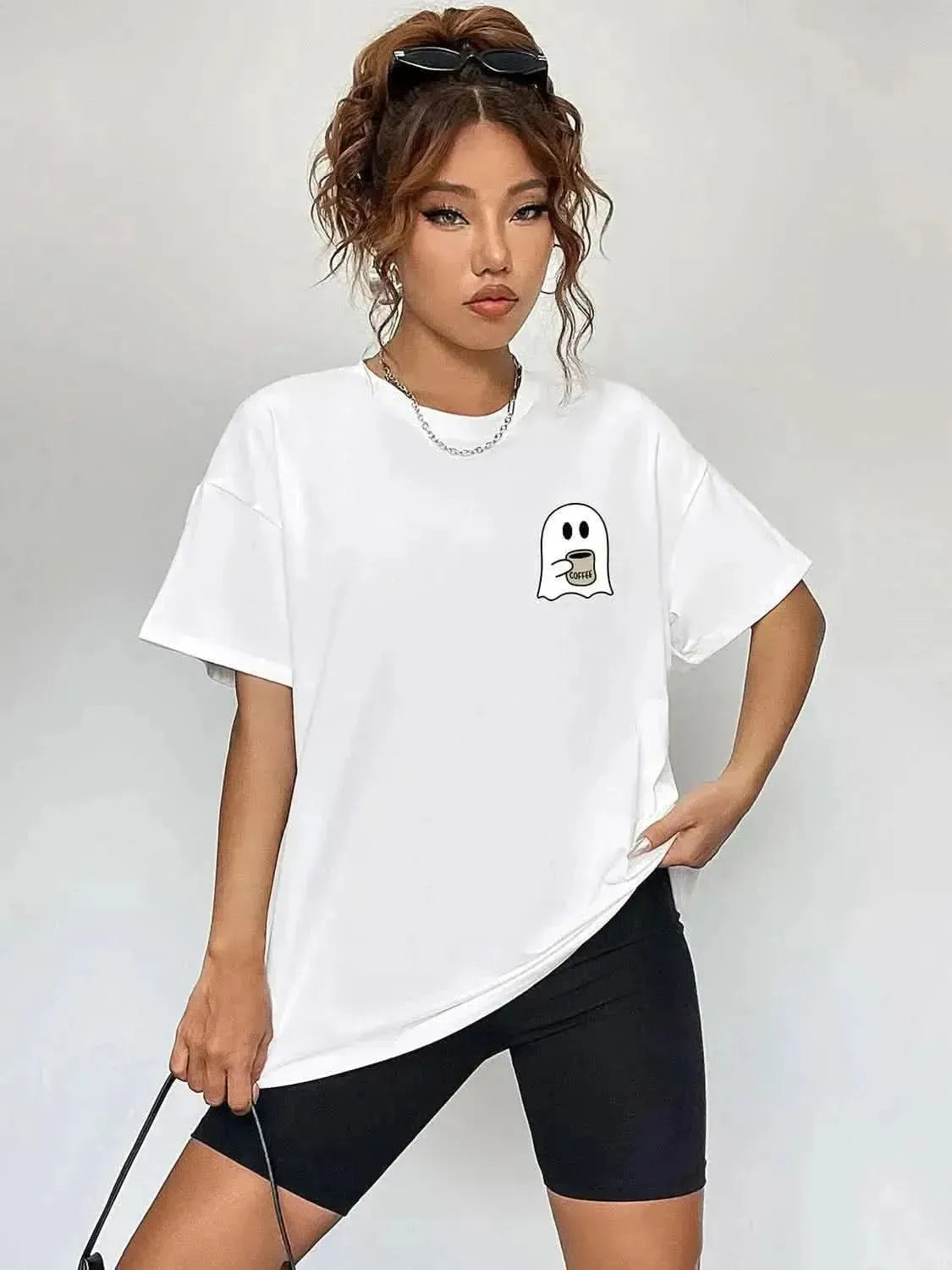 Round Neck Short Sleeve Ghost Graphic T-Shirt - Bad Moms Club