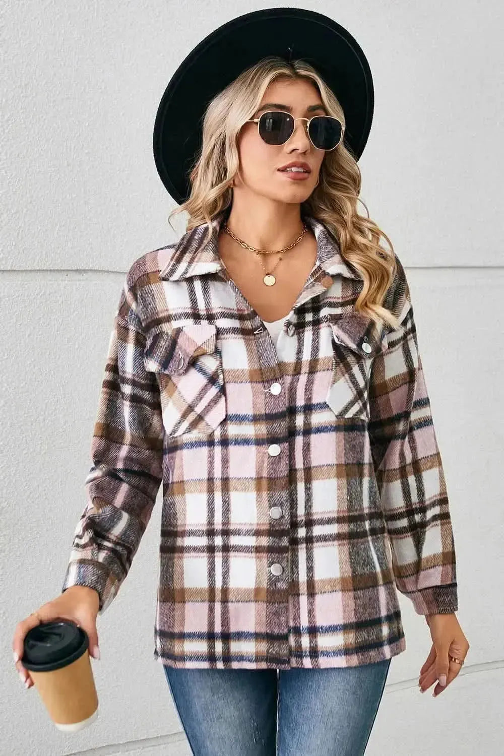 Button Down Collared Plaid Shacket - Bad Moms Club
