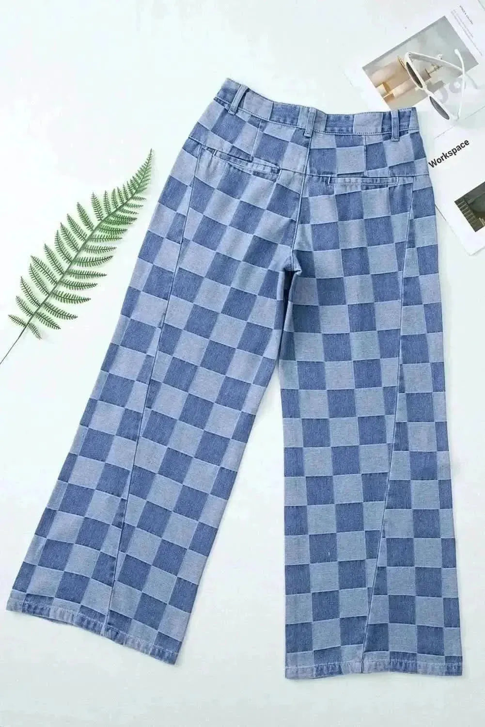 Checkered Wide Leg Jeans with Pockets - Bad Moms Club
